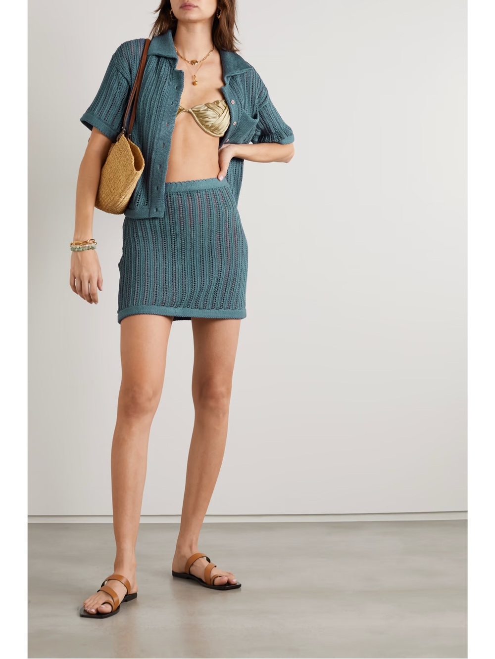 Crochet Button-Down Shirt and Skirt Set in Teal